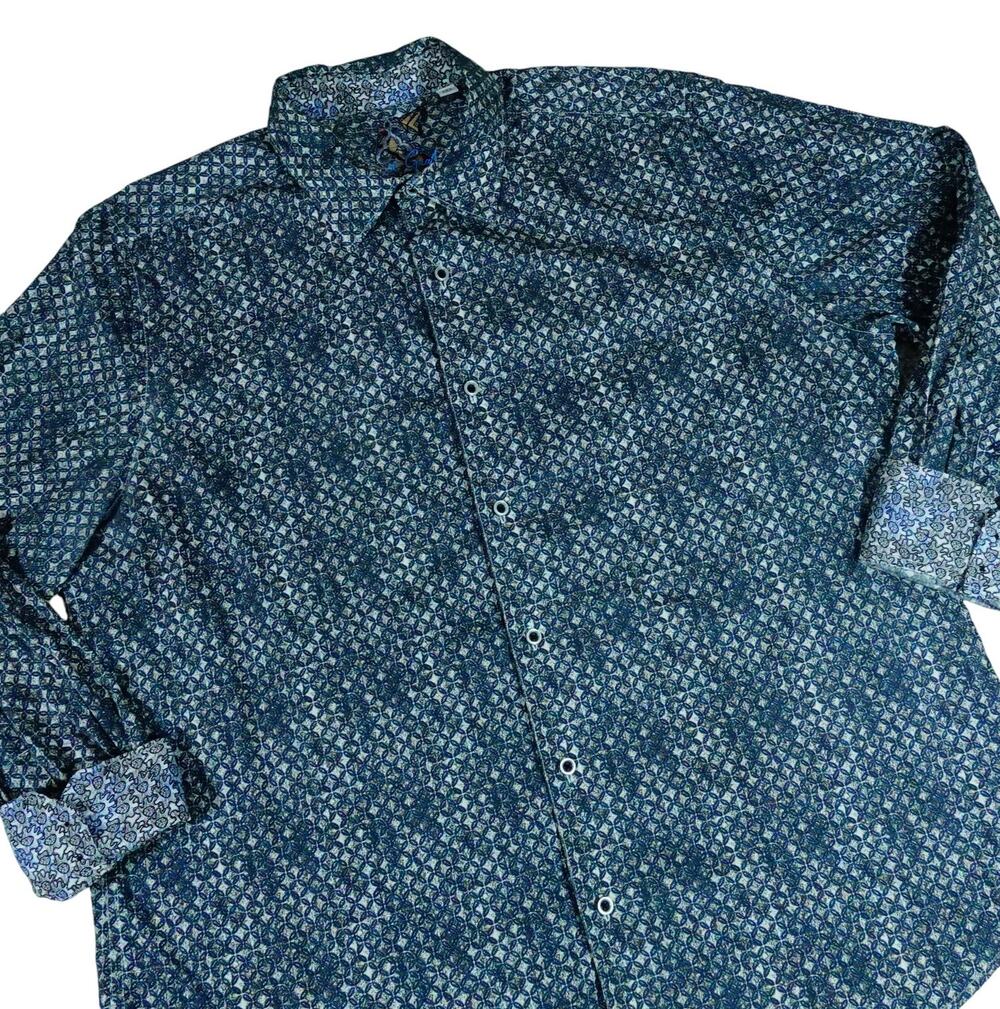 Robert Graham Paisley Geometric Flip Cuff Embroidered Button Up Shirt Men's 2XL